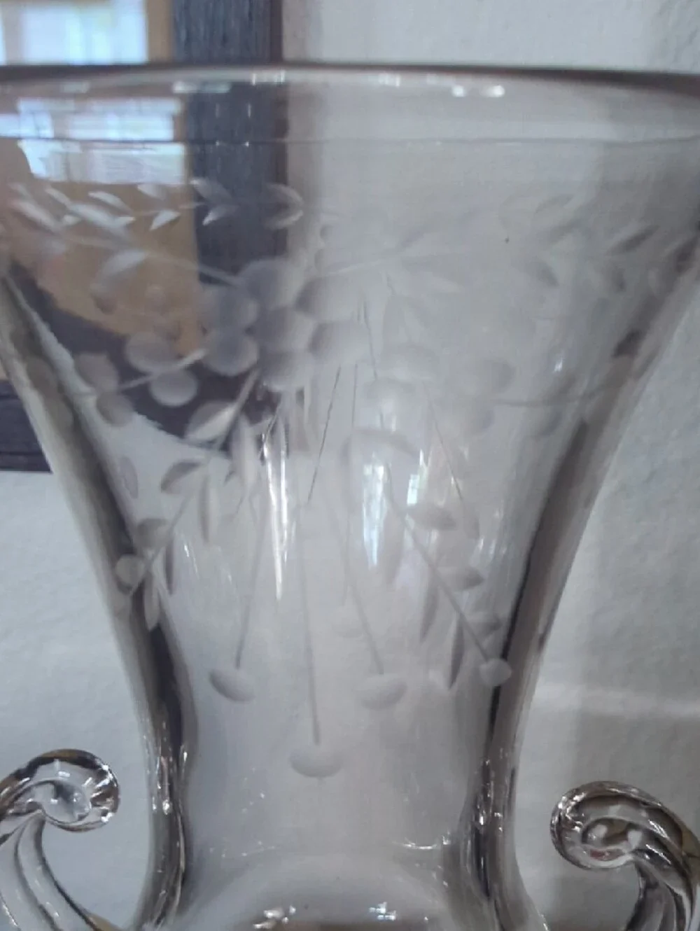 Vintage Etched Clear Glass Double-Handled Pedestal Vase